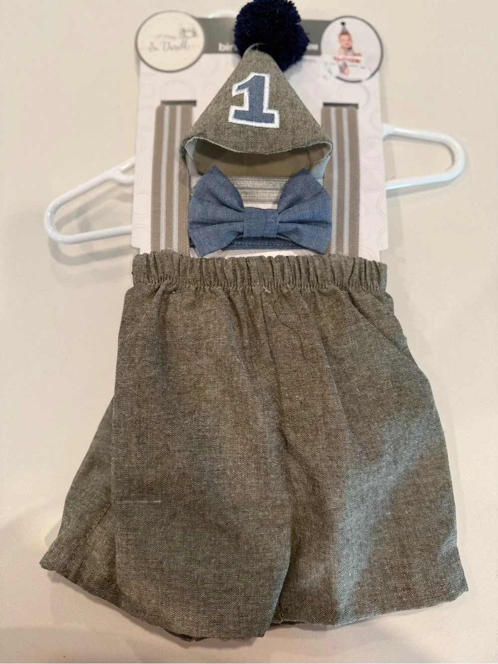 T.J.Maxx Gray Pom-Pom First Birthday Hat & Blue Bowtie Set
